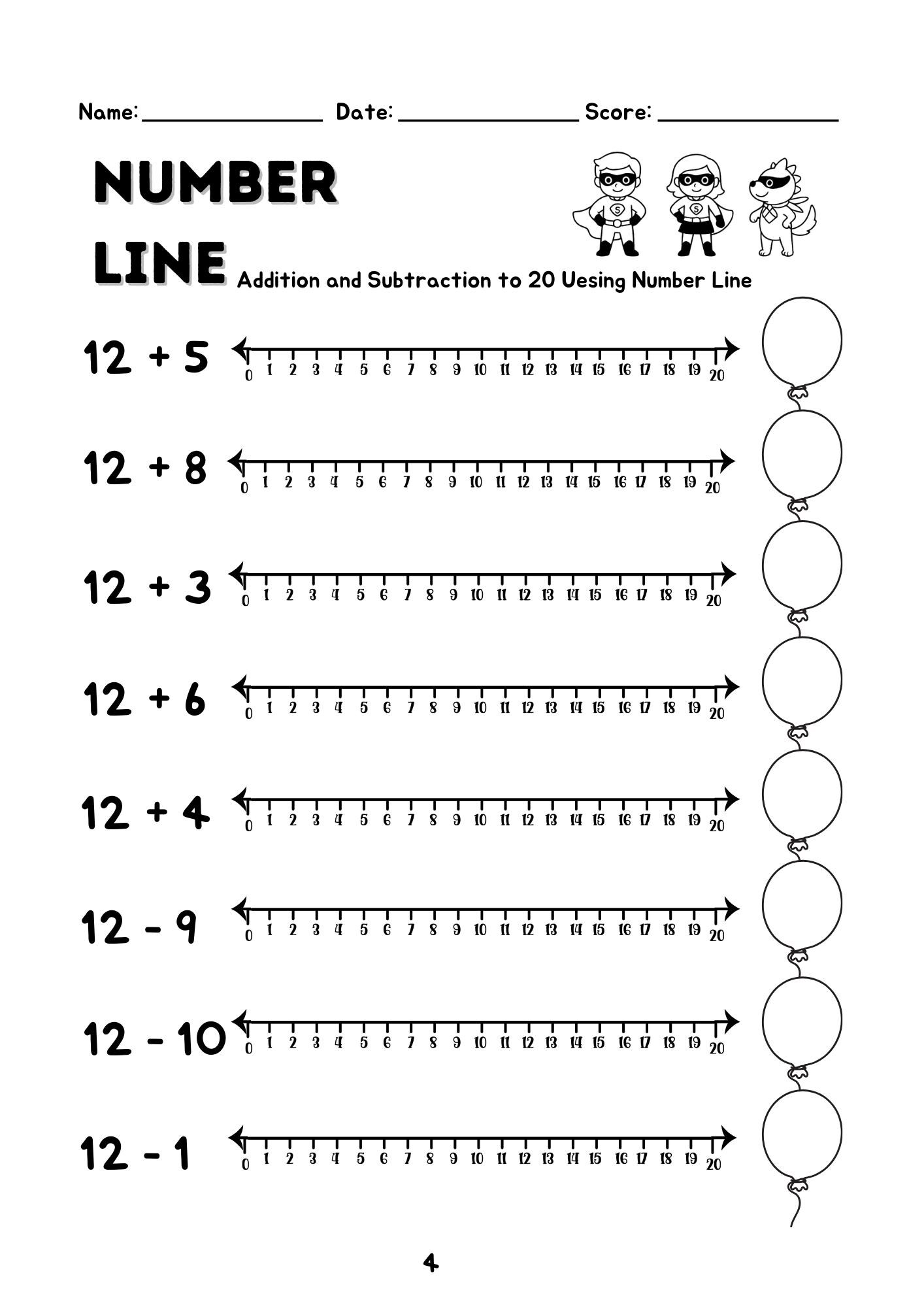 20 Printable Number Line Addition and Subtraction 1-20 Worksheets ...