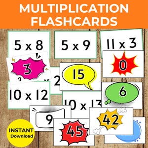 May include: Multiplication flashcards with equations like 5 x 8 and 10 x 12. The flashcards feature answers in colorful speech bubbles and starbursts. The words "INSTANT Download" are also visible.