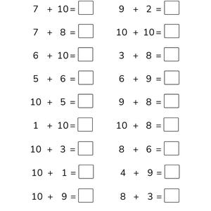 May include: A white educational worksheet featuring two columns of addition problems with black text and empty square boxes for answers. The page includes fields for Name, Score, and Date at the top and the number 1 at the bottom center.