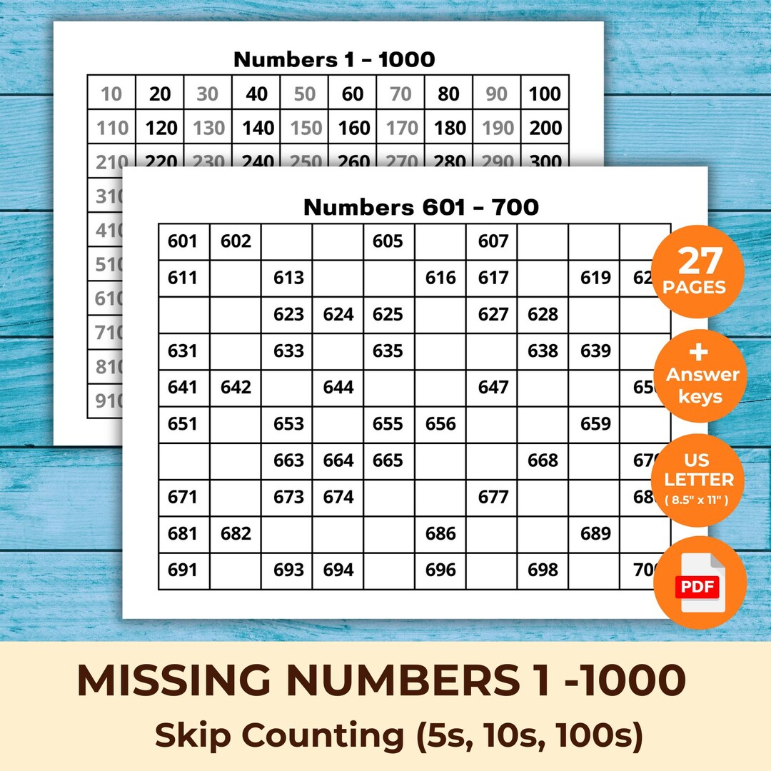 27 Printable Missing Numbers | Counting to 1000, Skip Counting by 5, 10 ...