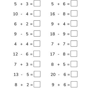 May include: A black and white educational math worksheet featuring two columns of addition and subtraction problems with empty square boxes for answers. The top of the page includes fields for Name, Score, and Date, with the number 1 at the bottom.