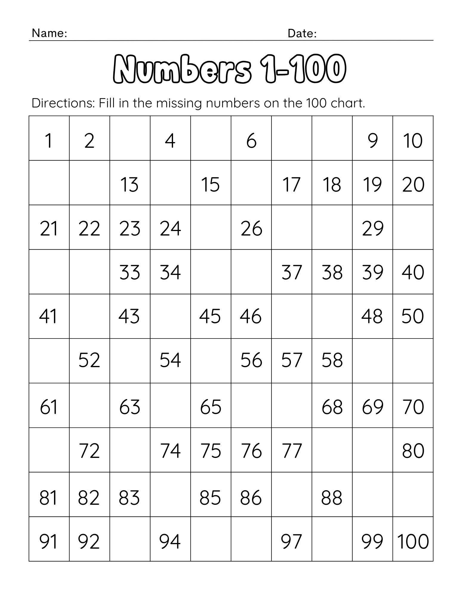 12 Printable Missing Numbers Chart 1–100, Counting to 100, Kindergarten ...