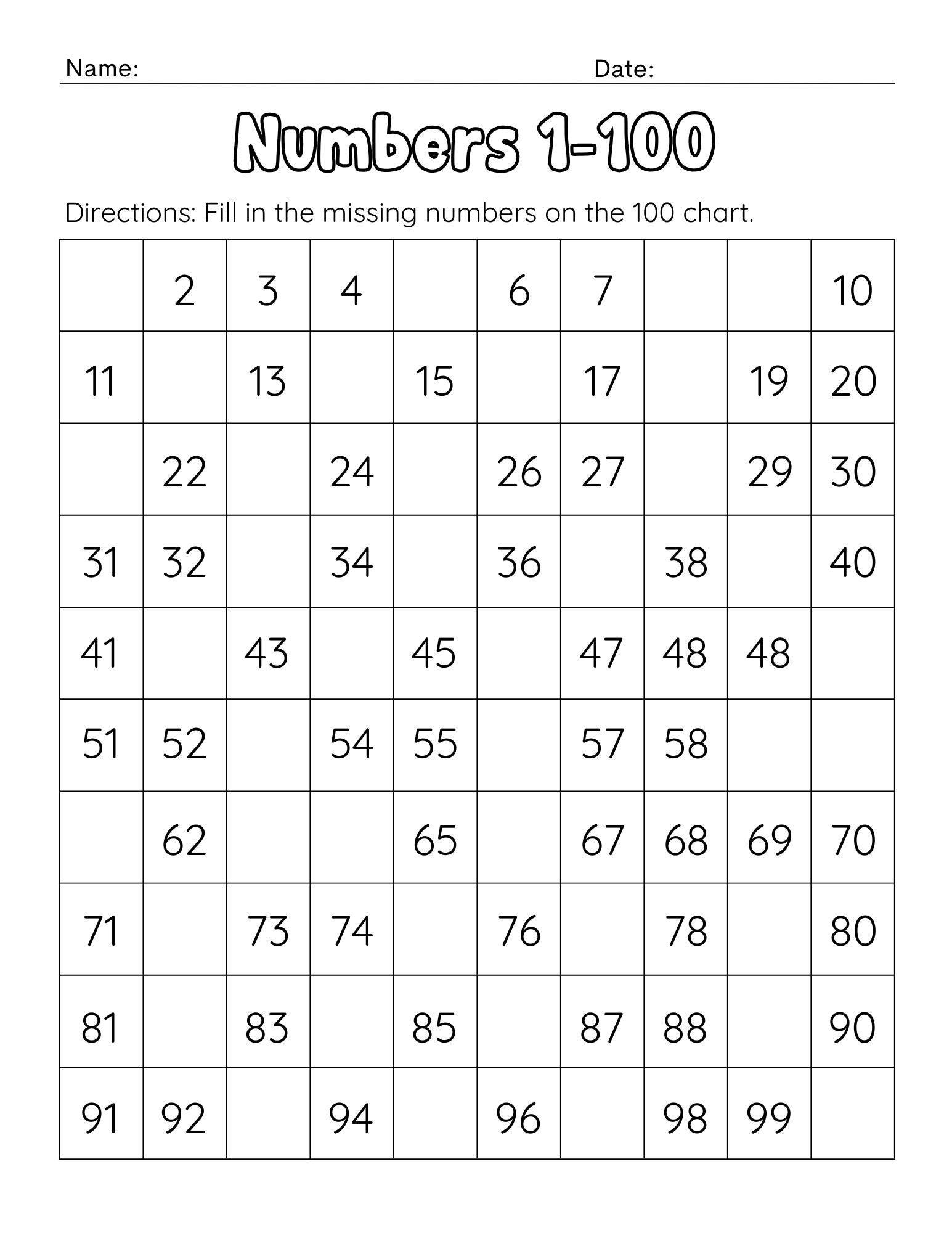 Missing Numbers Table 12 Printable Missing Numbers Chart 1–100, Counting to 100, Kindergarten ...