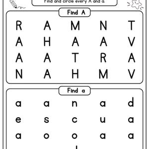 May include: A black and white educational worksheet titled Find Letter A and a. The page features two sections with grids of letters, instructing the user to find and circle every uppercase A and lowercase a. Includes a name line and star icon.