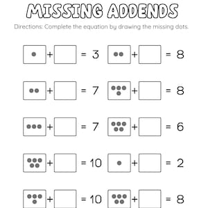 May include: A black and white educational worksheet titled MISSING ADDENDS with the subtitle Directions: Complete the equation by drawing the missing dots. The page features ten math problems with boxes for dots and empty squares for missing numbers.