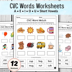May include: Three educational CVC words worksheets featuring the title CVC Words Worksheets A E I O U Short Vowels. Each page includes a CVC Word Match section with colorful illustrations of items like a sun, mug, bus, and bug, plus word boxes to cut and glue.