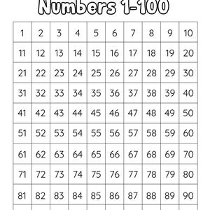 May include: A black and white educational worksheet titled Numbers 1-100, featuring a grid of numbers from 1 to 100 arranged in ten rows and ten columns, with blank lines at the top for a name and date to be written in clearly.