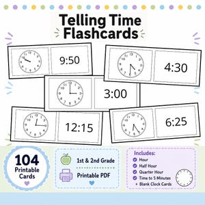 以下が含まれることがあります： 9:50、4:30、3:00、12:15、6:25などのデジタル時刻とアナログ時計の文字盤がペアになった、104枚の印刷可能な時計学習用フラッシュカードセット。1年生と2年生向けに、時間、30分、15分、5分刻みの学習内容が含まれています。