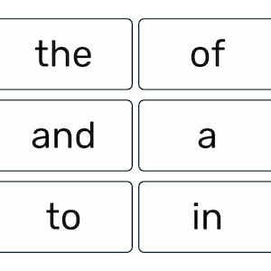 Op de afbeelding: Een set van zes rechthoekige witte kaarten met afgeronde hoeken, elk voorzien van een enkel zwart woord in een schreefloos lettertype. De woorden zijn the, of, and, a, to en in, gerangschikt in twee kolommen en drie rijen.