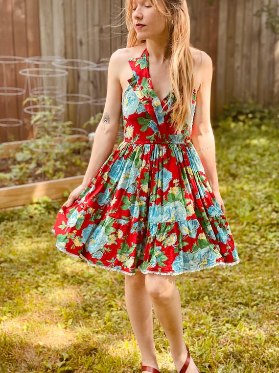 50’s Handmade Blue and Red Rose Halter Dress