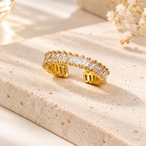 18K Gold-Plated Adjustable Zirconia Ring: Slanted Rectangular Stones, Modern Sparkle