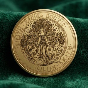 Puede incluir: Una moneda redonda dorada con un diseño grabado que presenta una figura femenina central, búhos y el texto "LILITH - REGINA NOCTIS". La moneda está sobre un fondo de terciopelo verde oscuro.