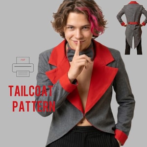 May include: A gray tailcoat pattern featuring bold red lapels, red sleeve cuffs, and a matching red bow tie. The design includes a PDF printer icon and the text TAILCOAT PATTERN. A small inset shows the back view of the gray tailcoat with red accents.