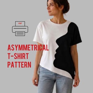 May include: A short-sleeved t-shirt featuring a white left side and a black right side separated by a curved, asymmetrical line. The text PDF is displayed above a printer icon, with the red text ASYMMETRICAL T-SHIRT PATTERN printed below.