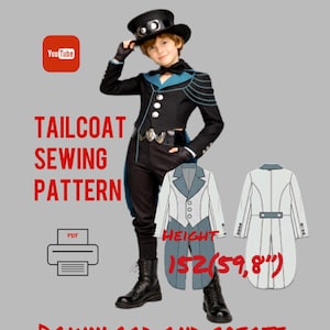 May include: A black tailcoat sewing pattern with blue accents, shown on a child wearing a matching outfit. The image includes a diagram of the coat and the text "DOWNLOAD AND CREATE". The height is 59.8 inches.