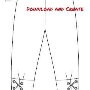 Op de afbeelding: Lijntekening van een broek met een tailleband met trekkoord en veterdetails bij de enkels. De tekst "DOWNLOAD AND CREATE" is rood. Een PDF-pictogram en een printerpictogram staan in de linkerbovenhoek.