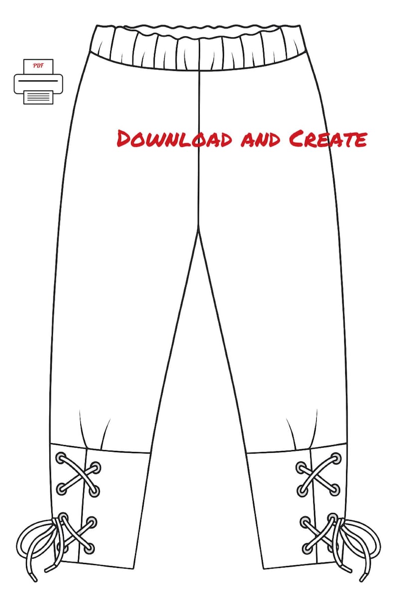 Op de afbeelding: Lijntekening van een broek met een tailleband met trekkoord en veterdetails bij de enkels. De tekst "DOWNLOAD AND CREATE" is rood. Een PDF-pictogram en een printerpictogram staan in de linkerbovenhoek.