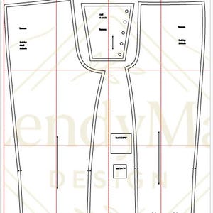 May include: A black and white sewing pattern with various garment pieces. The pattern includes text labels such as "Torso", "Cuff & details", and "Back hip & details". The design is set against a grid background.