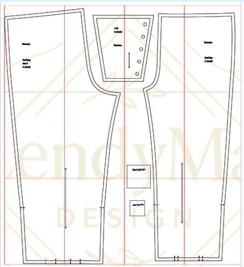 May include: A black and white sewing pattern with various garment pieces. The pattern includes text labels such as "Torso", "Cuff & details", and "Back hip & details". The design is set against a grid background.