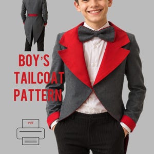 May include: A gray tailcoat with red lapels, red sleeve cuffs, and a matching gray bow tie, worn over a white button-down shirt and black pinstriped trousers. The text BOY'S TAILCOAT PATTERN and a printer icon with PDF text are visible.