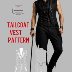 May include: A black vest and pants ensemble. The image features a man in a black vest with decorative buttons, black pants, and boots. The words "TAILCOAT VEST PATTERN" are displayed in red text, along with a diagram of a vest.