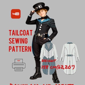 Puede incluir: Un patrón de costura de frac negro y azul con el texto "TAILCOAT SEWING PATTERN" y "DOWNLOAD AND CREATE". La imagen incluye un dibujo del frac y la medida de altura de 158 cm (62,20 pulgadas).