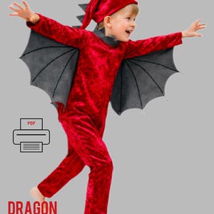 May include: A child in a red dragon costume with gray wings and a matching hat. The costume has a textured appearance. The image includes the text "DOWNLOAD AND CREATE" and "DRAGON COSTUME PATTERN".