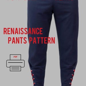 Puede incluir: Pantalones renacentistas azul marino con detalles de cordones rojos en la parte inferior de las piernas. El texto "DOWNLOAD AND CREATE" y "RENAISSANCE PANTS PATTERN" son de color rojo. También hay un icono PDF. Los pantalones tienen cintura con cordón.