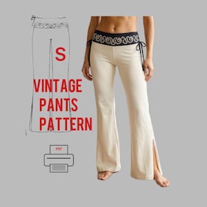 May include: Cream-colored pants with a black and white patterned waistband and side slits. The image includes a line drawing of the pants, the letter "S", and the words "VINTAGE PANTS PATTERN" in red. A PDF icon is also present.