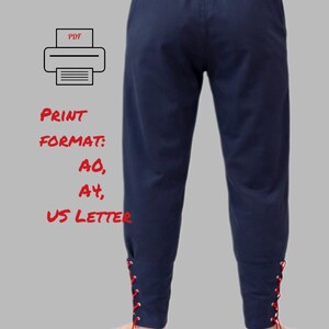 May include: Navy blue pants with red lacing details at the ankles. The pants have an elastic waistband. Text on the image reads "PRINT FORMAT: A0, A4, US LETTER" and a printer icon.