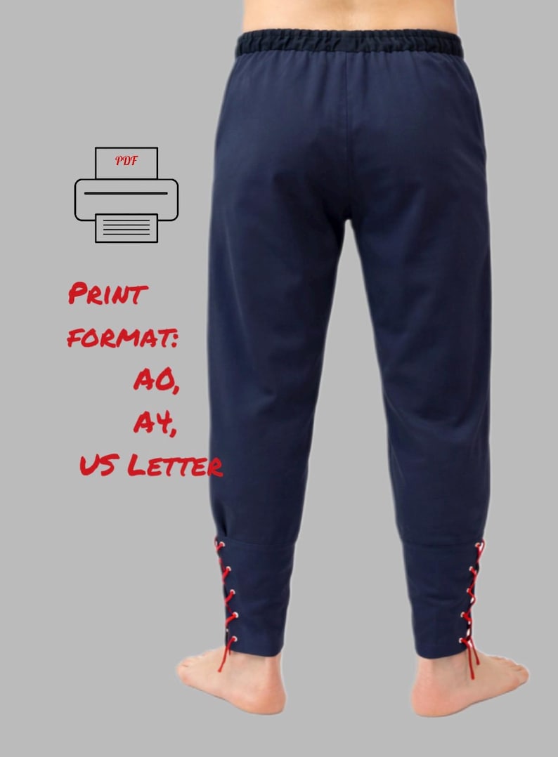 May include: Navy blue pants with red lacing details at the ankles. The pants have an elastic waistband. Text on the image reads "PRINT FORMAT: A0, A4, US LETTER" and a printer icon.