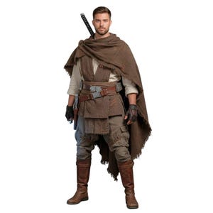May include: A person in a brown costume with a cape, belt, and boots. A sword is on the back. The costume includes gloves and a holster. The outfit is a mix of brown and tan colors.