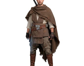 May include: A person in a brown costume with a cape, belt, and boots. A sword is on the back. The costume includes gloves and a holster. The outfit is a mix of brown and tan colors.