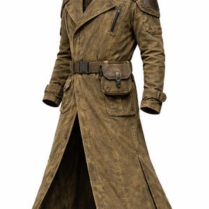 May include: A long brown coat with a distressed finish. It features a wide collar, shoulder patches, a belt with a pouch, and a front zip. The coat has a split hem and buttoned cuffs, offering a rugged, utilitarian aesthetic.