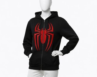 Spider-Man Inspired Black Zip Hoodie | Red Spider Emblem Streetwear | Halloween Cosplay Costume