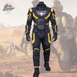 May include: Black and yellow tactical jumpsuit with the text "HELLDIVERS" and a skull graphic. The suit features padded sections and accents in yellow. The outfit includes gloves and boots. The Rao Atelier logo is visible in the upper left corner.