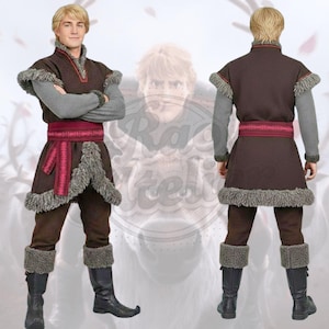 May include: A brown costume with faux fur trim, a red sash, and black boots. The outfit includes a tunic, pants, and a gray undershirt. The costume is inspired by a character from a popular animated film.