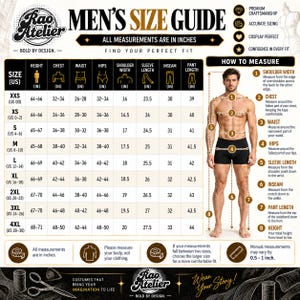 May include: A Rao Atelier size guide chart for clothing, featuring a table with US sizes from XXS to 4XL and corresponding measurements in inches for height, chest, waist, hips, shoulder width, sleeve length, inseam, and pant length.