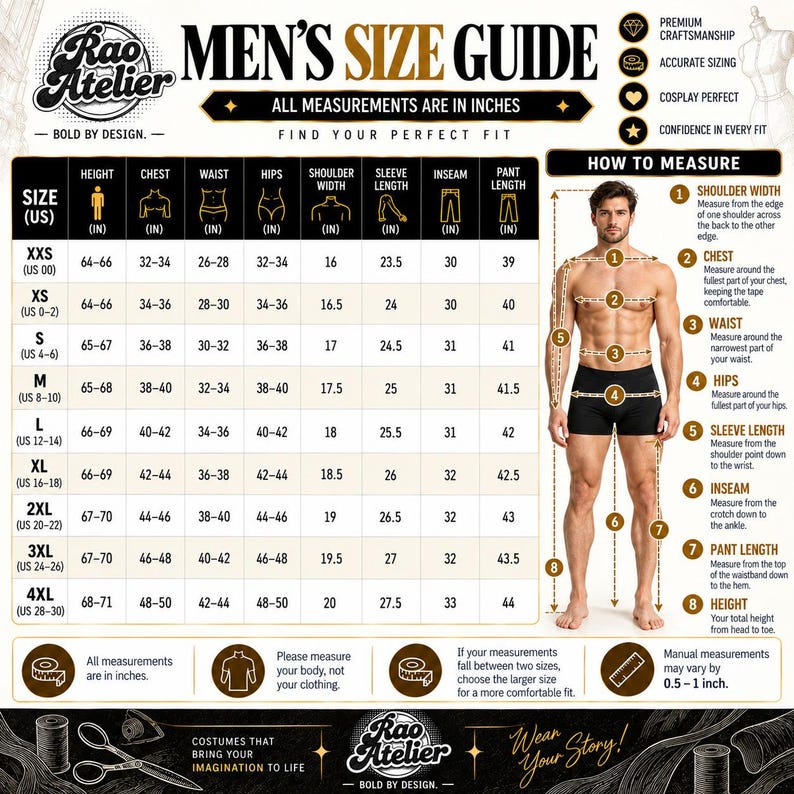 May include: A Rao Atelier size guide chart for clothing, featuring a table with US sizes from XXS to 4XL and corresponding measurements in inches for height, chest, waist, hips, shoulder width, sleeve length, inseam, and pant length.