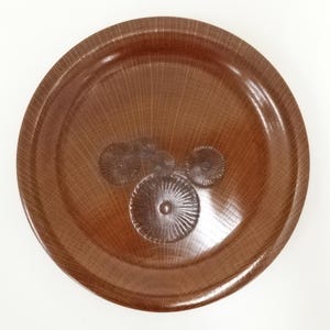 Puede incluir: Un plato decorativo redondo marrón con una superficie texturizada y una serie de diseños circulares en relieve en el centro. El plato tiene un borde ligeramente elevado y un patrón radial que emana del centro.