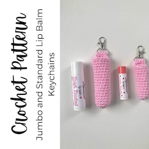 May include: Two pink crocheted lip balm holders with keychains attached. The larger holder is for a jumbo size lip balm and the smaller holder is for a standard size lip balm.  The lip balms are not included.