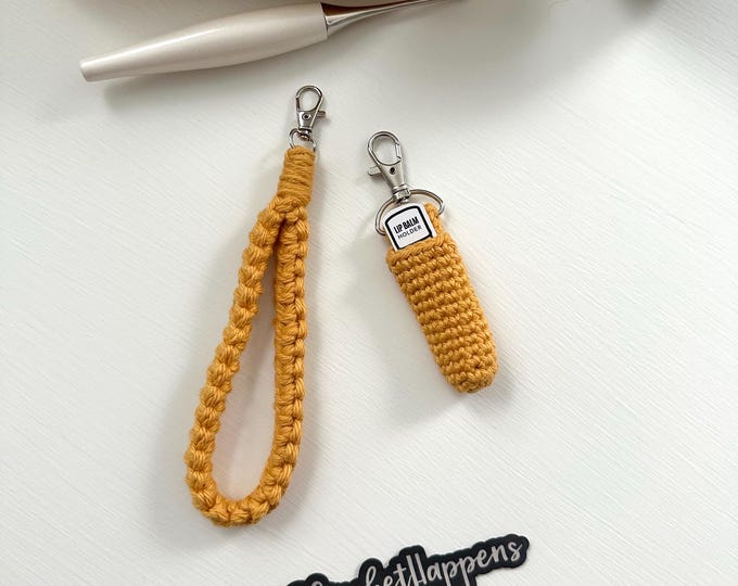 Crocheted Wristlet and LipBalm Holder Keychain Set, Keyfob