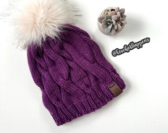 Purple Hand Knit Cable Beanie, Winter Hat