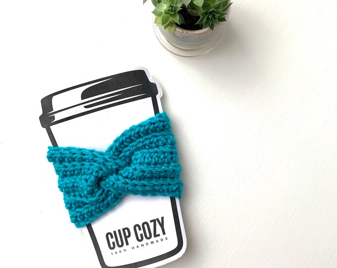 Handmade Twisted Crochet Coffee Cozy - Peacock