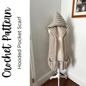 Hooded Pocket Scarf Crochet Pattern, Chunky Scarf Pattern image 1