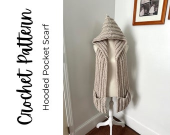 Hooded Pocket Scarf Crochet Pattern, Chunky Scarf Pattern