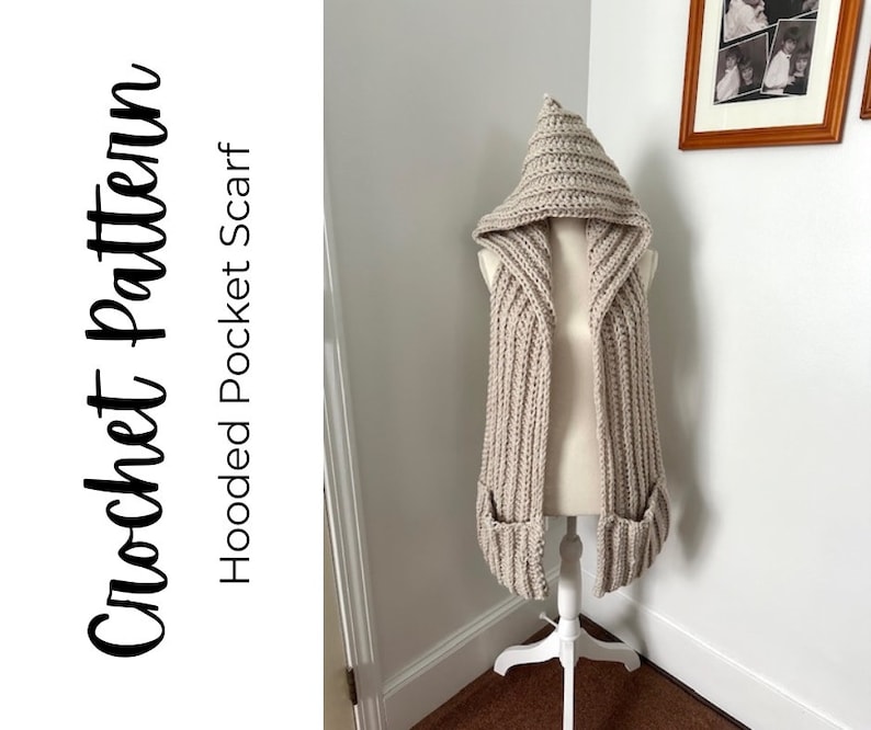 Hooded Pocket Scarf Crochet Pattern, Chunky Scarf Pattern image 1