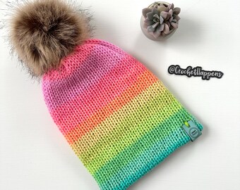 Rainbow Double Layer Knit Hat with Removable Fur Pom