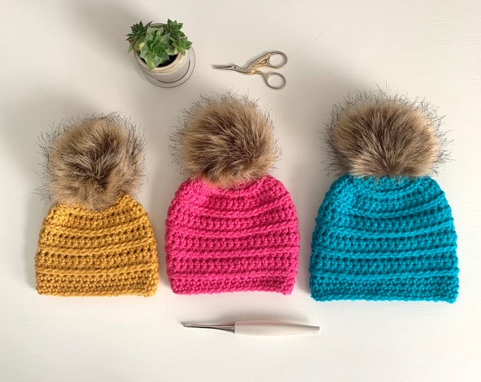 Custom Color Crocheted Baby Hat with Fur Pom