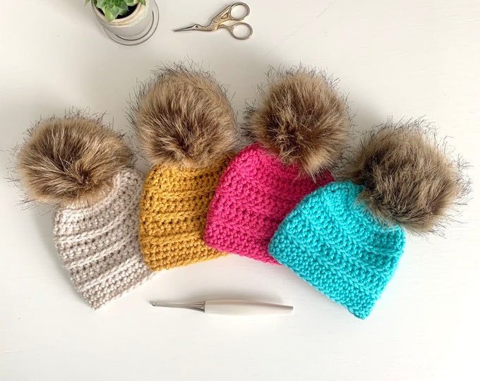 Newborn Crocheted Baby Hat with Fur Pom - Baby Shower Gift